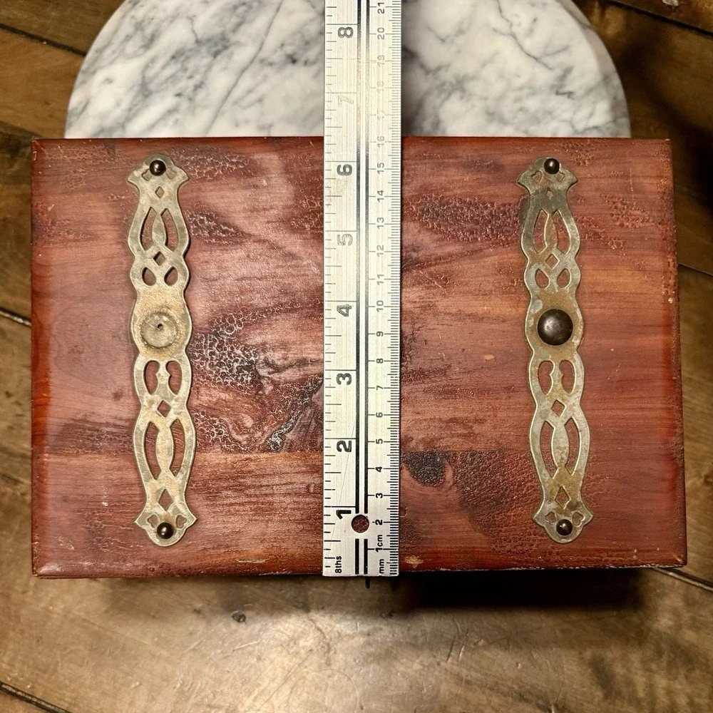 VTG Mirror Wooden Jewelry Trinket Box Cedar Wood Chest Mortise & Tenon Footed